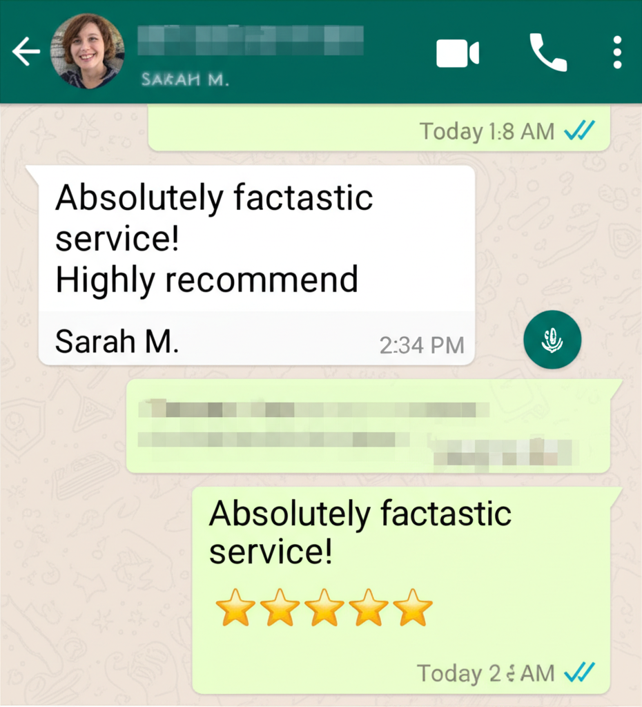 Depoimento de cliente satisfeito no WhatsApp